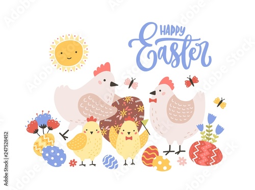 Greeting card template with Happy Easter holiday wish handwritten with calligraphic script, family of funny cute hens and chicks and large decorated eggs. Spring flat cartoon vector illustration.