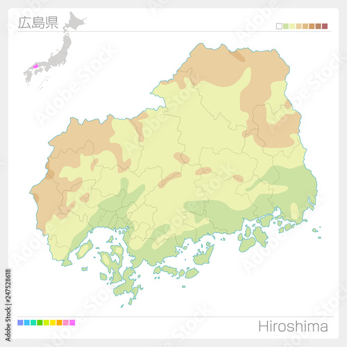 広島県の地図（等高線・色分け）