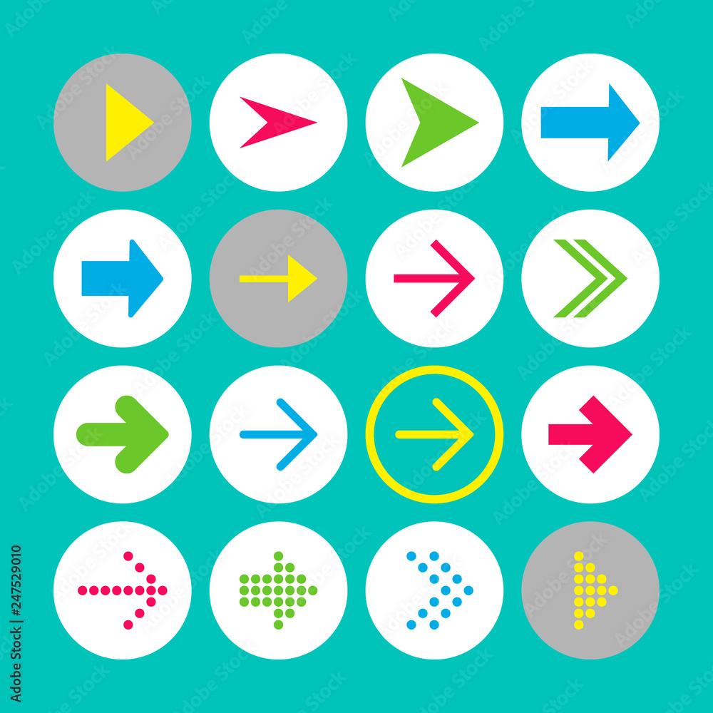 Set of 16 rigth arrow icons. Arrow buttons on turquoise background in white, gray and transparent circles Set of 16 rigth arrow icons. Arrow buttons on turquoise background in white, gray and transparent circles