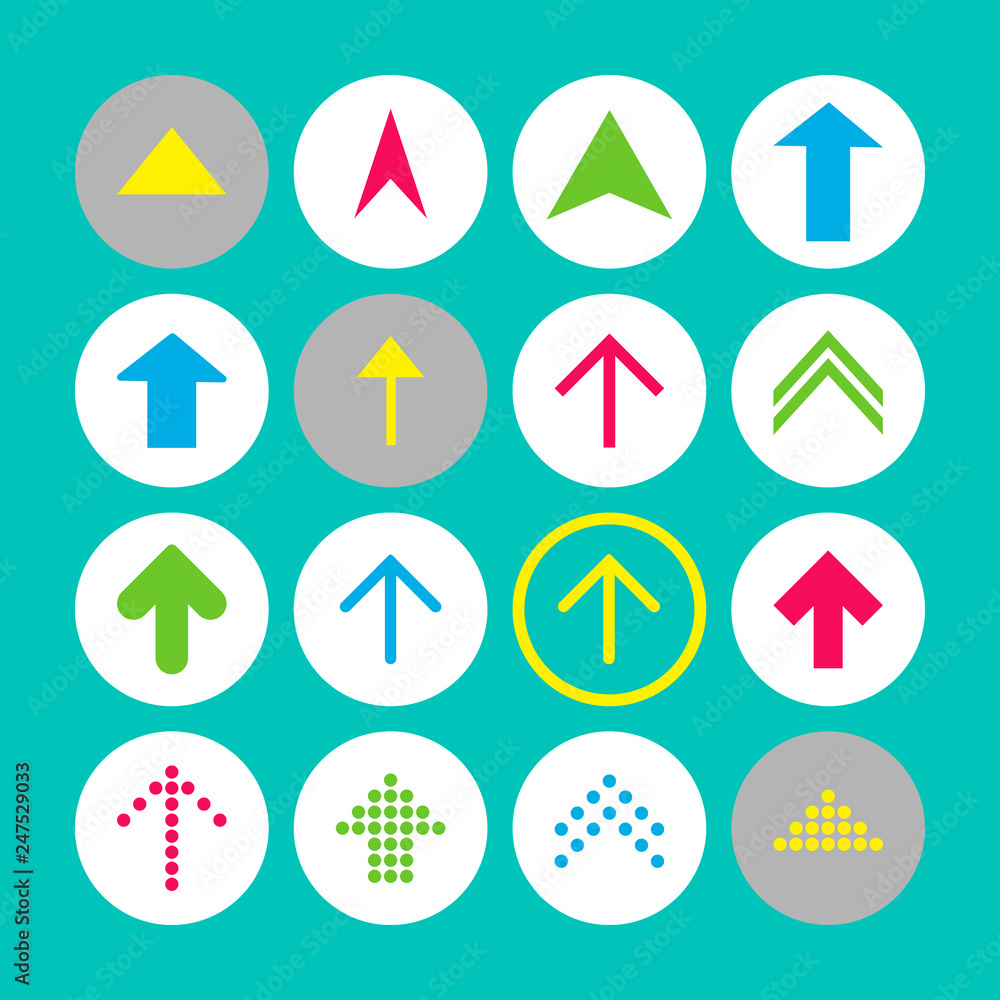 Set of 16 up arrow icons. Arrow buttons on turquoise background in white, gray and transparent circles Set of 16 up arrow icons. Arrow buttons on turquoise background in white, gray and transparent circles