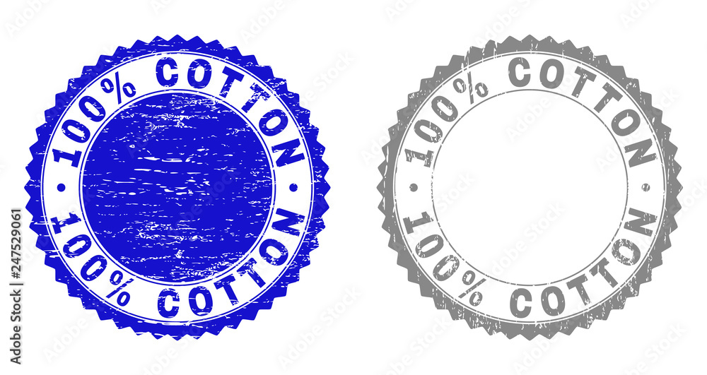 100% COTTON stamp seals with grunge texture in blue and gray colors isolated on white background. Vector rubber imitation of 100% COTTON title inside round rosette. Stamp seals with unclean textures.