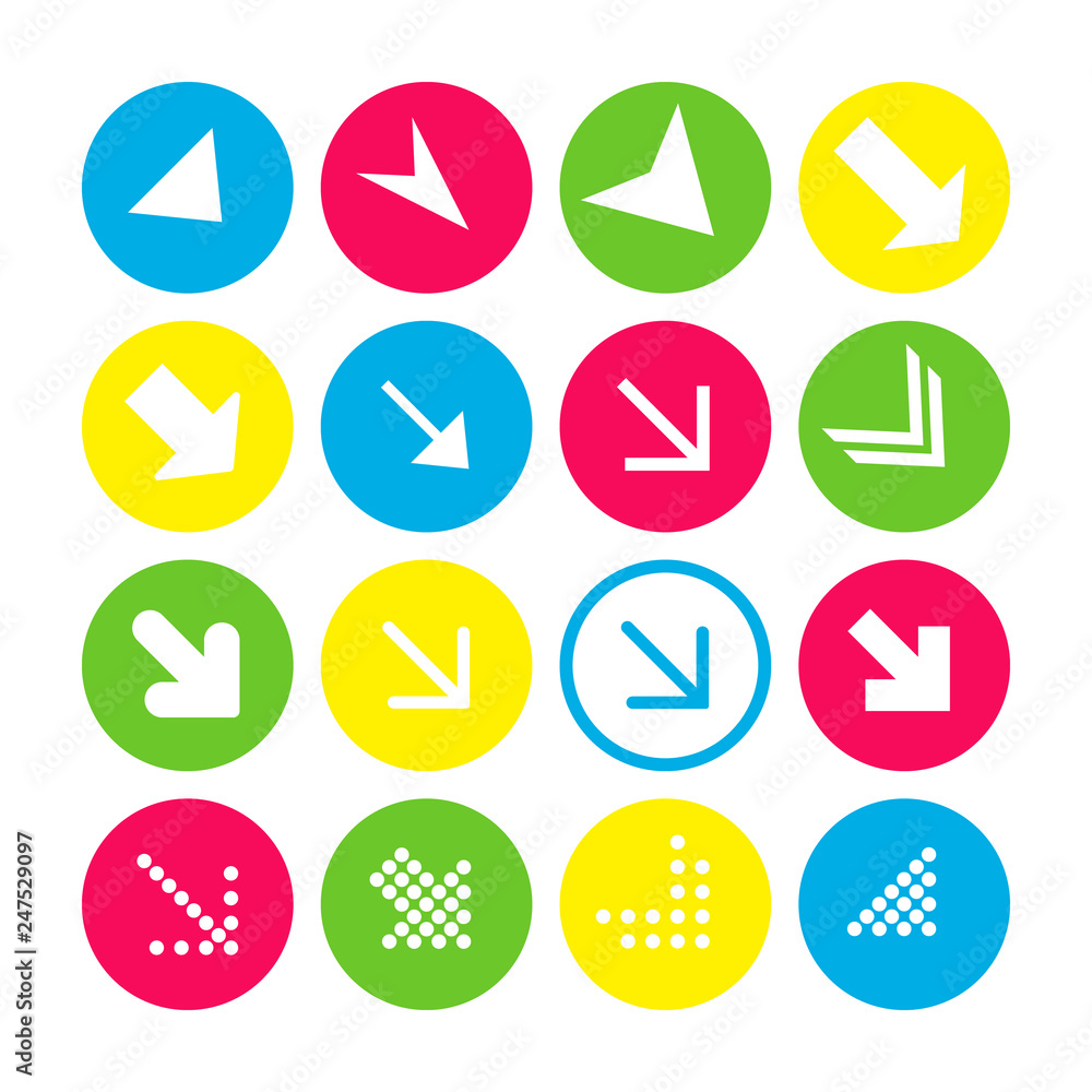 Set of 16 arrow icons with south-east direction. Arrow buttons on white background in crimson, blue, yellow and transparent circles Set of 16 arrow icons with south-east direction. Arrow buttons on white background in crimson, blue, yellow and transparent circles