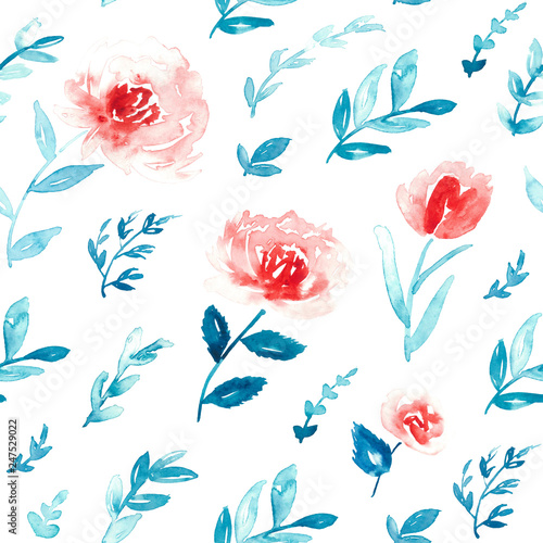 All over ditsy floral pattern in coral and turquoise. Seamless watercolor print.