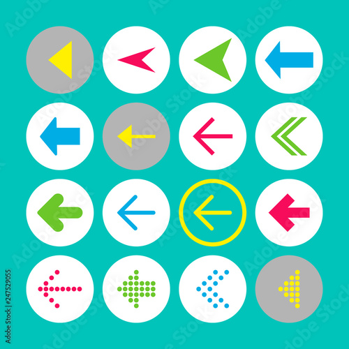 Free Download Set of 16 left arrow icons. Arrow buttons on turquoise background in white, gray and transparent circles - GFXLoad