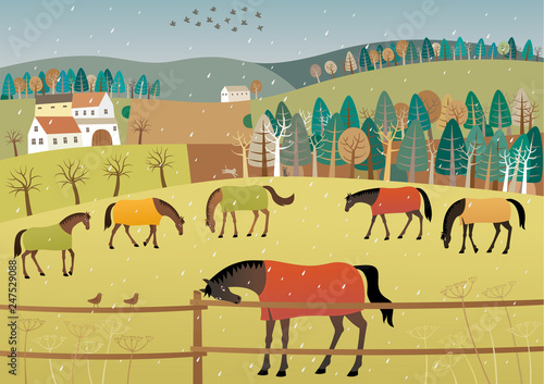 Early spring. Vector illustration of grazing horses in rainy weather.