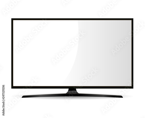 Black Television with White Screen. Wide Monitor isolated on Background. 4k High Definition Lcd. Led Electronic Display Design Mockup. Crystal Clear Cinema Panel. Hdtv Televisor with Stand.