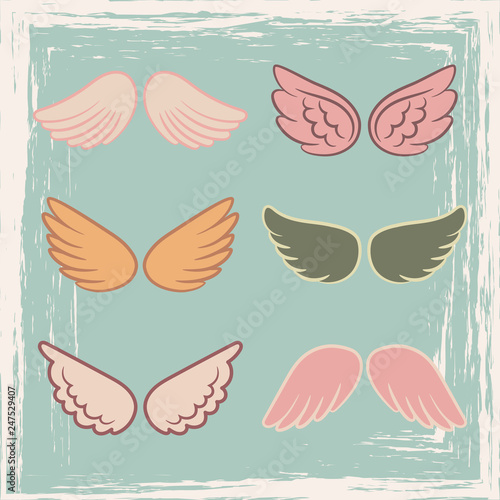Vintage style angels wings set on blue beckground, vector illustration
