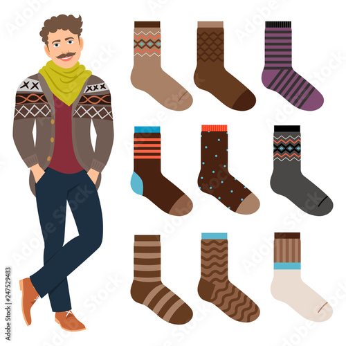 Casual style male socks set and cartoon fashion man vector illustration