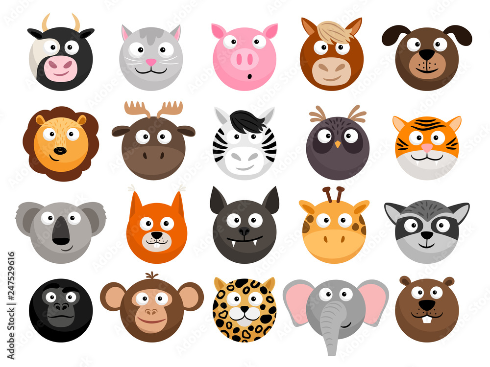 Animal emoticons. Horse and zebra heads, monkey and dog face icons, tiger  and elephant funny friend cartoon pack isolated on white, vector  illustration Stock Vector | Adobe Stock
