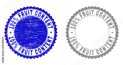 100% FRUIT CONTENT stamp seals with distress texture in blue and gray colors isolated on white background. Vector rubber imitation of 100% FRUIT CONTENT caption inside round rosette.