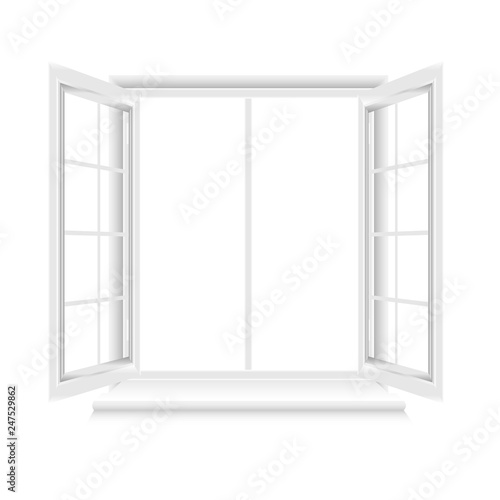 Opened white window frame on white background