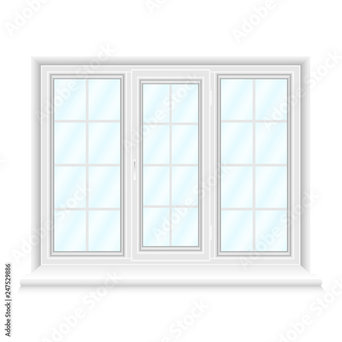 White triple window with blue glasses