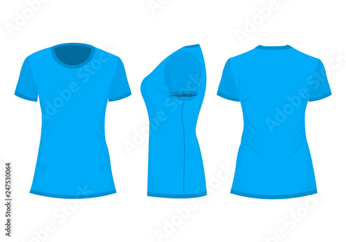 Blue woman's t-shirt in back, front and side views