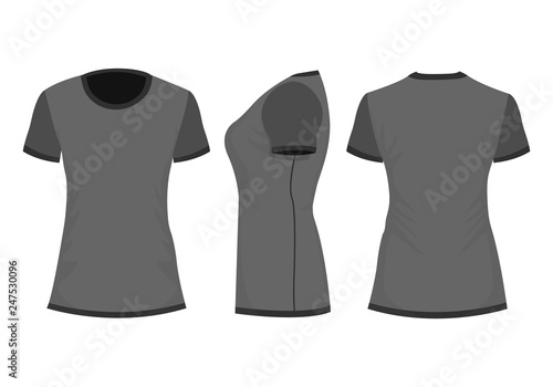 Black/dark gray woman's t-shirt in back, front and side views