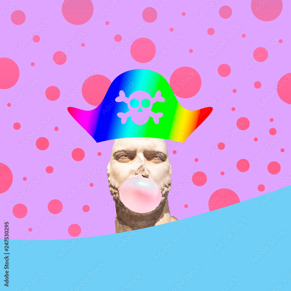 Φωτογραφία contemporary concept art collage, surreal funny greek stuate in pink pastel colo