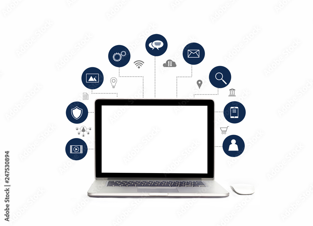 Digital marketing. laptop with white screen blank and icon digital marketing network connection on white background. Social media and business technology. Digital transformation and management. - obrazy, fototapety, plakaty 