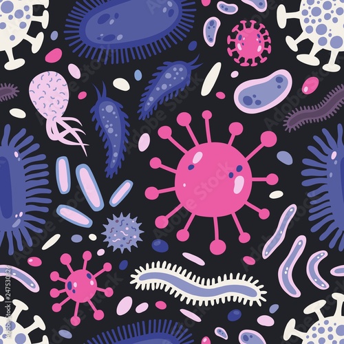 Seamless pattern with single cell microorganisms or microscopic organisms on black background. Backdrop with harmful germs, prions, pathogens, bacteria, viruses. Flat cartoon vector illustration.