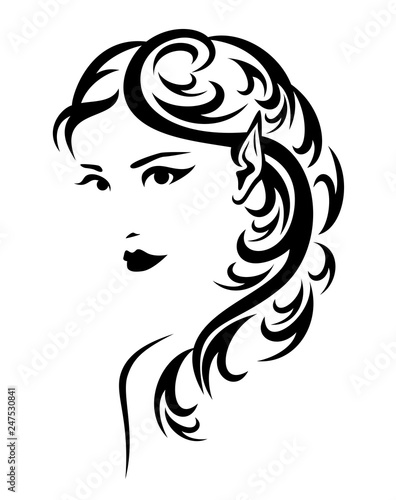 beautiful elf woman with sharp ears and long hair - black and white fairy portrait vector