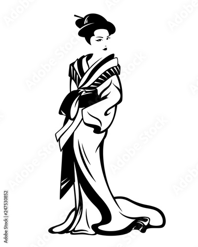 beautiful geisha woman wearing traditional kimono - standing japanese girl black and white vector design