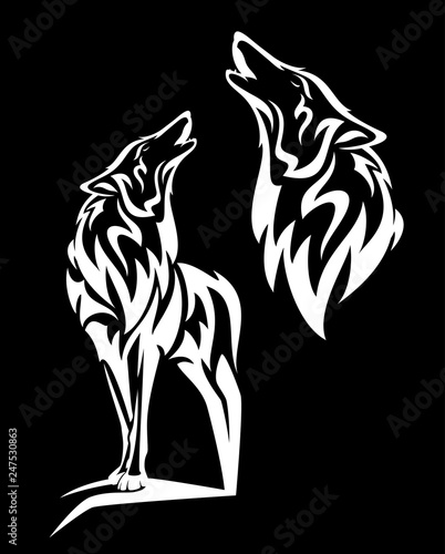 alaskan tundra wolf howling - standing white animal and profile head vector design on black