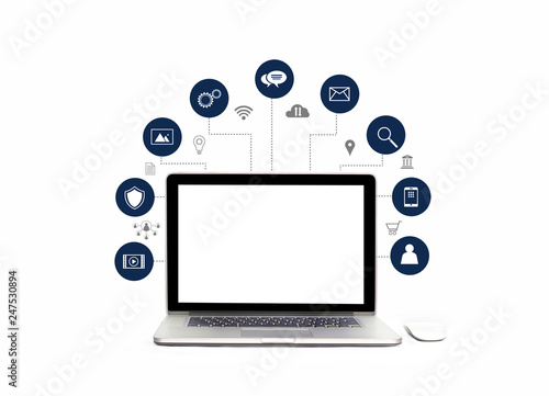 Digital marketing. laptop with white screen blank and icon digital marketing network connection on white background. Social media and business technology. Digital transformation and management.