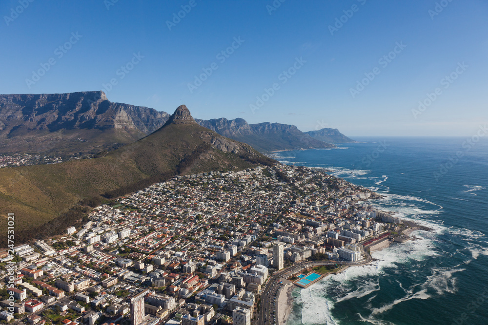 Aerial view of Cape town South Africa from a helicopter. Panorama birds eye view