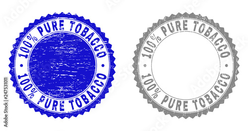 100% PURE TOBACCO stamp seals with grunge texture in blue and grey colors isolated on white background. Vector rubber overlay of 100% PURE TOBACCO title inside round rosette.