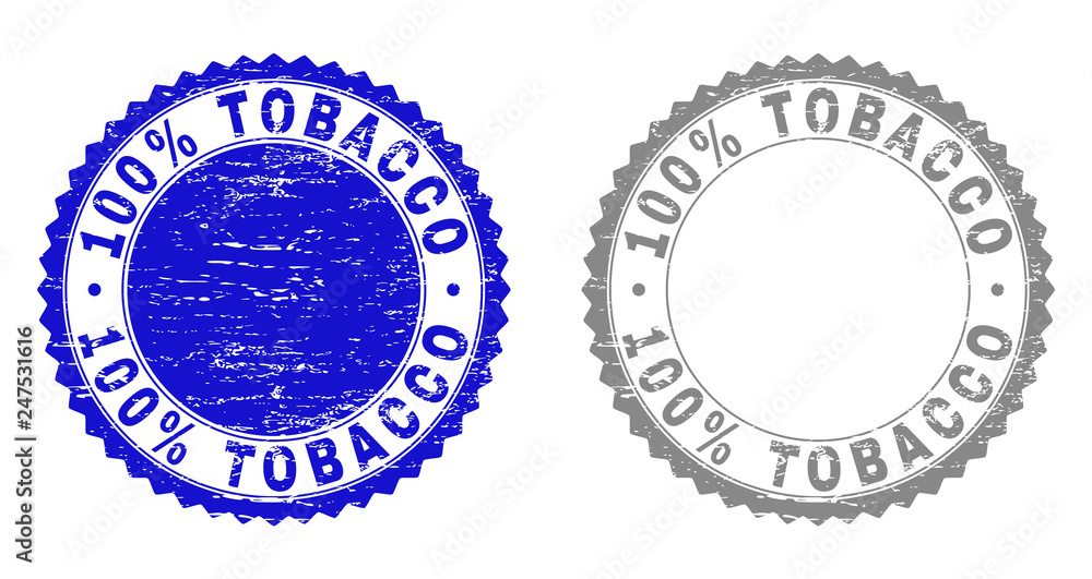 100% TOBACCO stamp seals with grunge texture in blue and grey colors isolated on white background. Vector rubber watermark of 100% TOBACCO tag inside round rosette. Stamp seals with unclean textures.