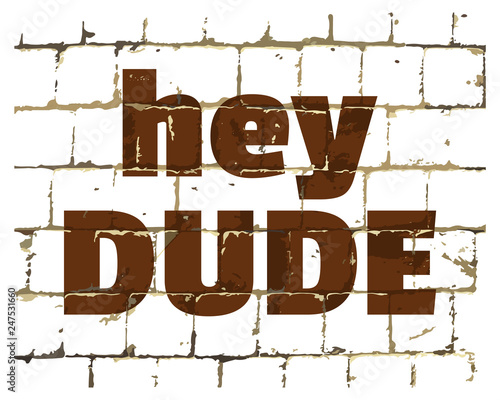 Hey Dude printed on stylized brick wall. Textured humorous inscription for your design. Vector