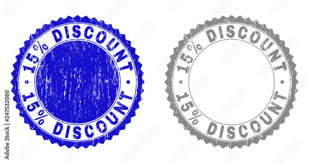 15% DISCOUNT stamp seals with distress texture in blue and gray colors isolated on white background. Vector rubber imprint of 15% DISCOUNT title inside round rosette.