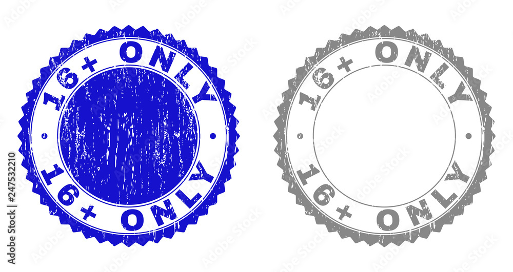 16+ ONLY stamp seals with grunge texture in blue and gray colors isolated on white background. Vector rubber imprint of 16+ ONLY text inside round rosette. Stamp seals with grunge textures. 16+ ONLY stamp seals with grunge texture in blue and gray colors isolated on white background. Vector rubber imprint of 16+ ONLY text inside round rosette. Stamp seals with grunge textures.