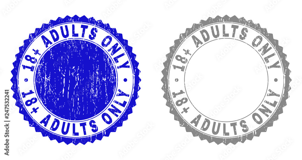 18+ ADULTS ONLY stamp seals with distress texture in blue and grey ...