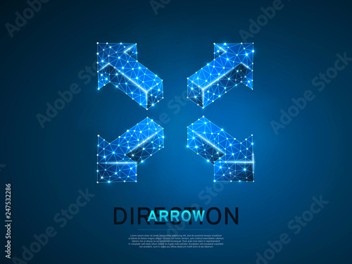 Arrow cross, extend, resize, cross arrow sign. Four-way arrow wireframe digital 3d illustration. Low poly crossway choice concept with lines, dots on blue background. Vector neon polygonal road guide