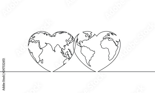 Vector illustration continuous line drawing of the heart shaped world.