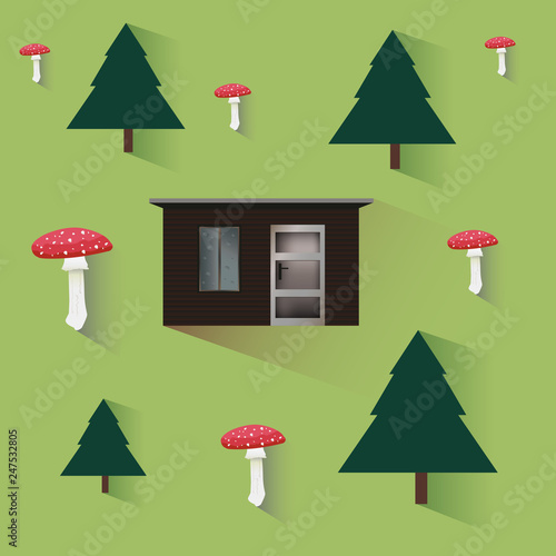 Vector cartoon fairytale illustration of small wooden cottage or log cabin in the forest with trees and fly agaric mushrooms in a flat style