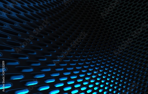 Metal mesh grild. Abstract 3d rendering background in high resolution. 3d render of  black carbon grid with orange light.