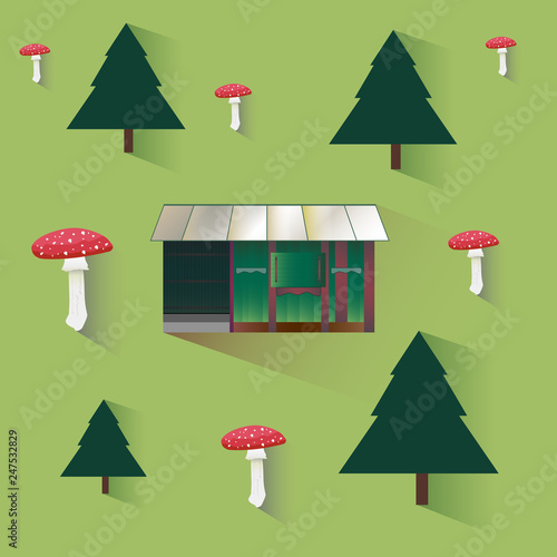 Vector cartoon fairytale illustration of green wooden cottage or log cabin in the forest with trees and fly agaric mushrooms in a flat style
