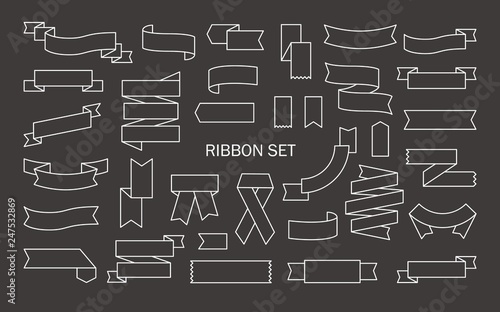 Bundle of ribbon banners, wavy and folded tapes, bookmarks and flags drawn with white contour lines on black background. Collection of decorative design elements. Monochrome vector illustration.