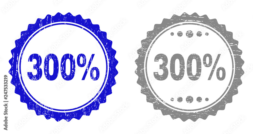 300% stamp seals with distress texture in blue and gray colors isolated on white background. Vector rubber watermark of 300% title inside round rosette. Stamp seals with corroded styles.