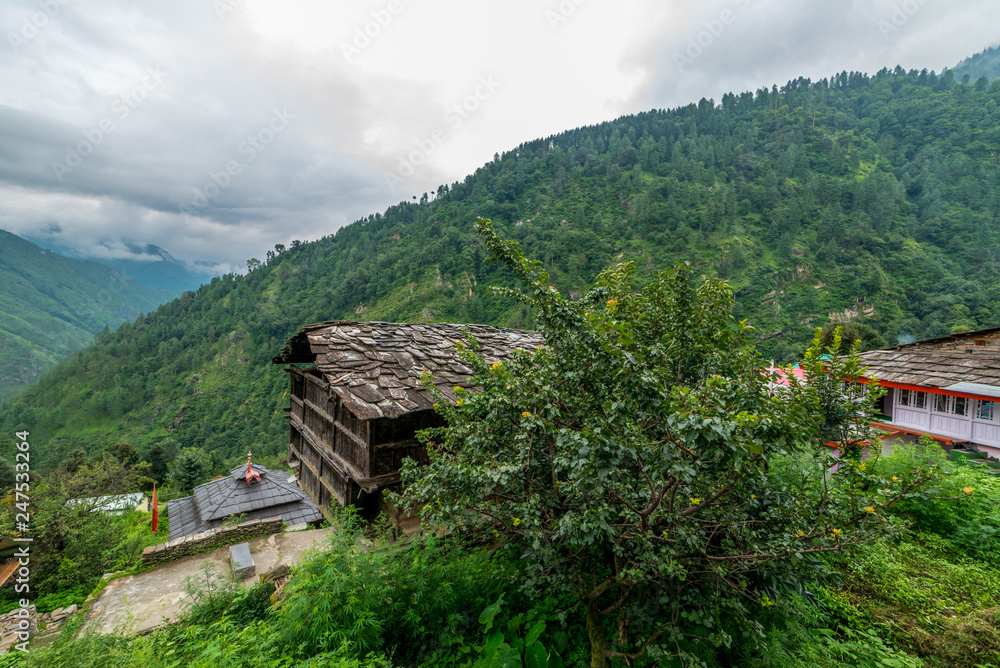 Village of wodden house in himalayas, Himachal Pradesh