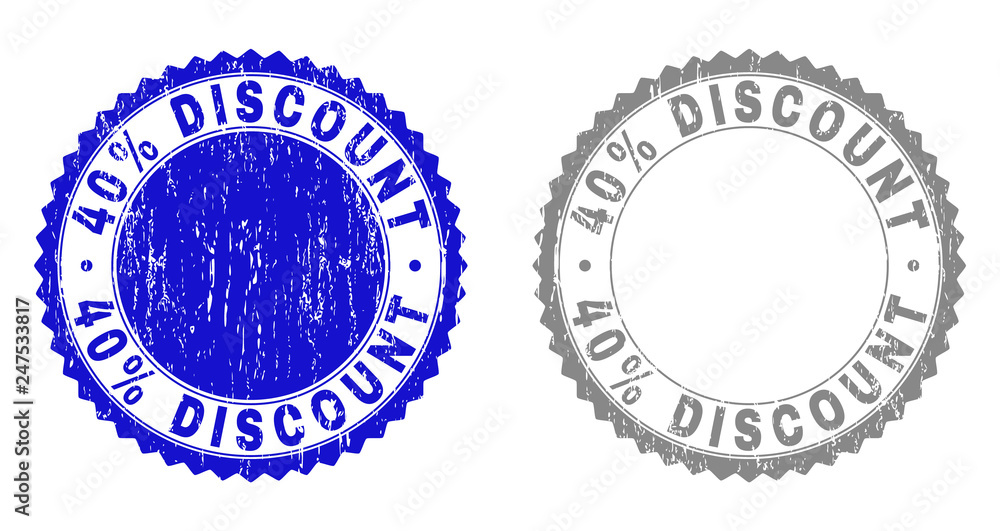 40% DISCOUNT stamp seals with grunge texture in blue and grey colors isolated on white background. Vector rubber watermark of 40% DISCOUNT title inside round rosette. Stamp seals with grunge styles.