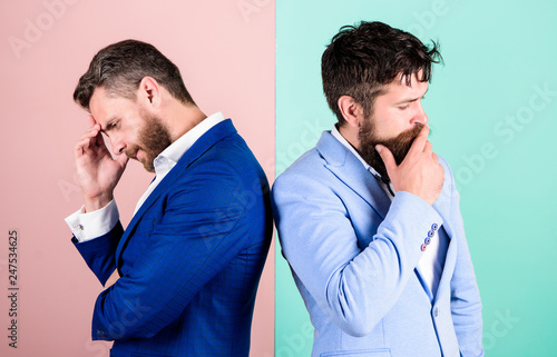 Opinion difference. Businessmen thoughtful face thinking about business problem. Business in trouble concept. Business misunderstanding. Business team work on solving problem. Different point of view