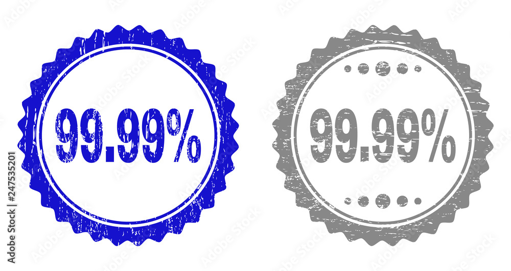 99.99% stamp seals with distress texture in blue and grey colors isolated on white background. Vector rubber watermark of 99.99% label inside round rosette. Stamp seals with scratched styles. 99.99% stamp seals with distress texture in blue and grey colors isolated on white background. Vector rubber watermark of 99.99% label inside round rosette. Stamp seals with scratched styles.