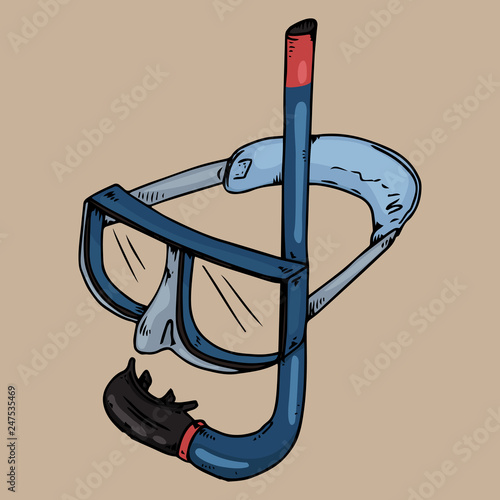 Dive mask and snorkel for professionals. Vector illustration. Hand drawn dive mask and snorkel for diving.