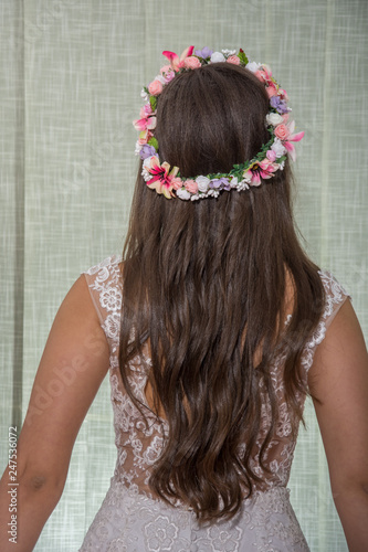 Wedding dress detail. ,hairstyle,flower crown