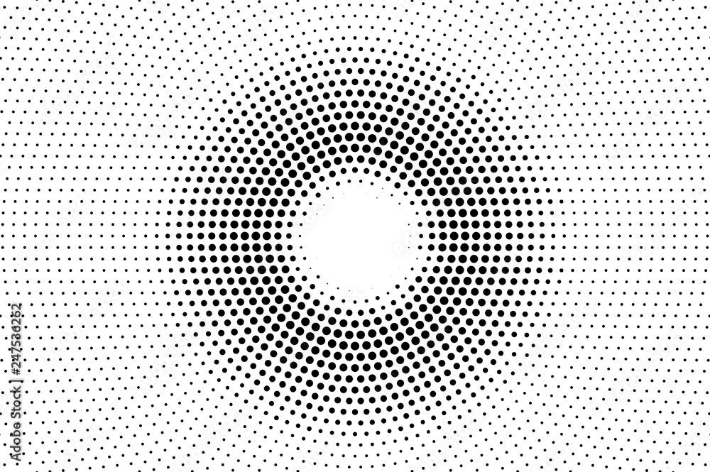 Black on white faded halftone texture. Round dotwork gradient. Circular vector background. Monochrome halftone overlay