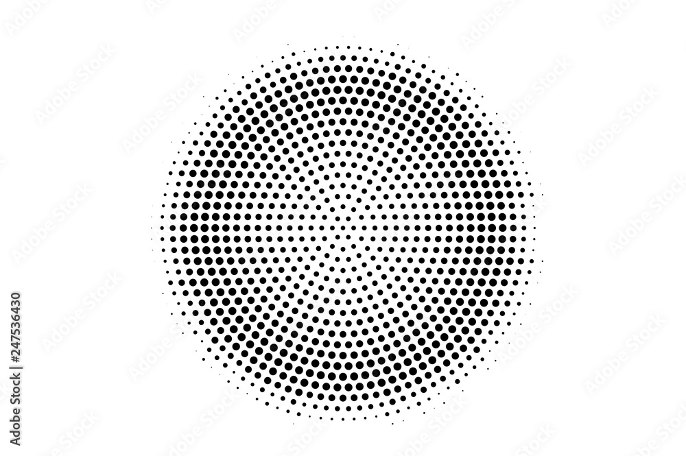 Black on white round halftone texture. Centered dotwork gradient. Halftone vector background.