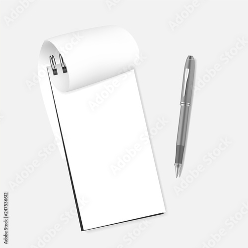 Spiral blank reporter notebook with bent page and pen, realistic mockup