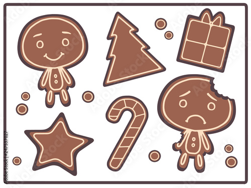 Collection of cute cartoon style vector christmas gingerbread man illustrations