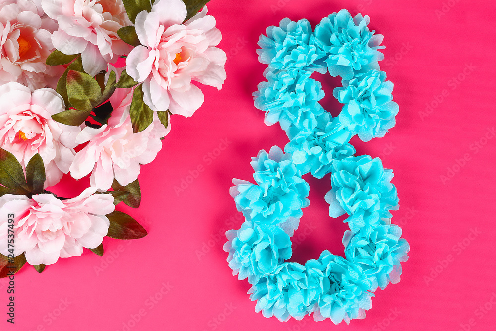 Diy eight made cardboard decorated artificial flower made blue tissue paper napkin pink background. Diy eight made cardboard decorated artificial flower made blue tissue paper napkin pink background.